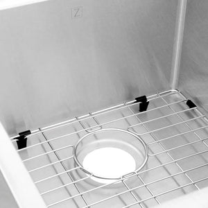 ZLINE 32 in. Jackson Undermount Double Bowl Satin Stainless Steel Kitchen Sink with Bottom Grid (SRDR-32S) logo and metal sink grid with drain in basin.