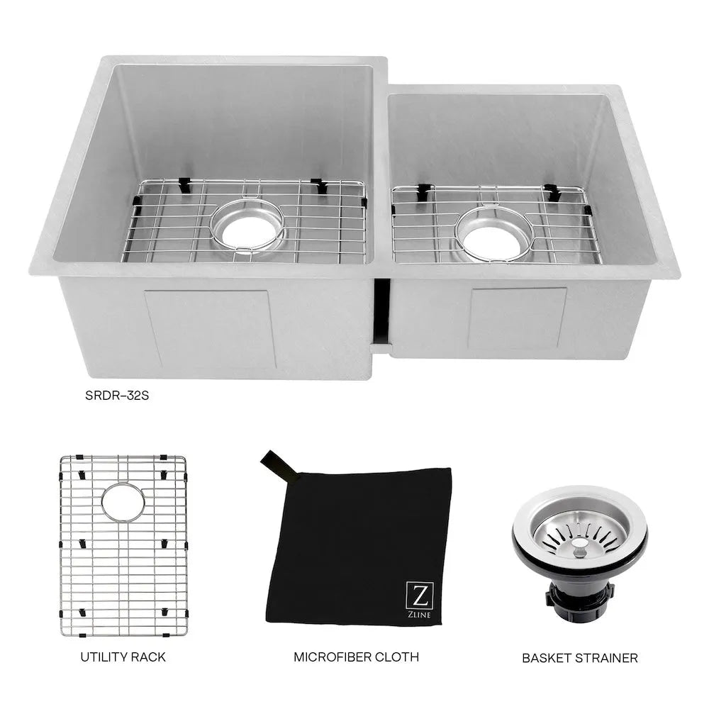 ZLINE 32 in. Jackson Undermount Double Bowl Satin Stainless Steel Kitchen Sink with Bottom Grid (SRDR-32S) with included accessories.