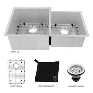 ZLINE 32 in. Jackson Undermount Double Bowl Satin Stainless Steel Kitchen Sink with Bottom Grid (SRDR-32S) with included accessories.