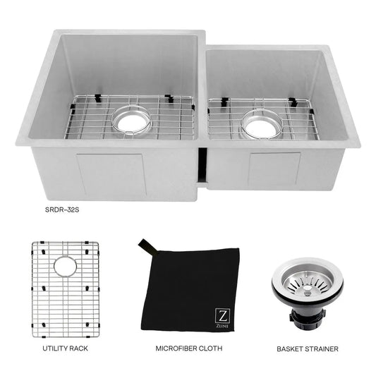 ZLINE 32 in. Jackson Undermount Double Bowl Satin Stainless Steel Kitchen Sink with Bottom Grid (SRDR-32S) with included accessories.