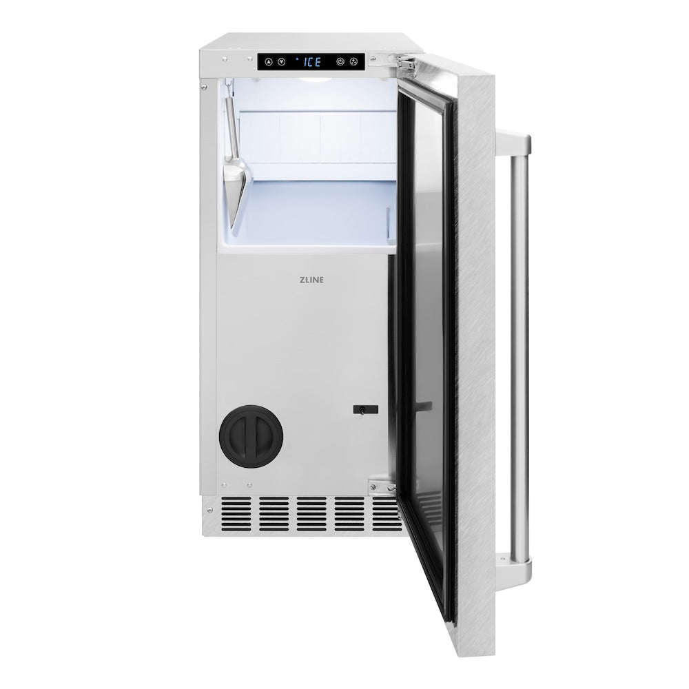 ZLINE 15 in. Touchstone Gourmet Ice Maker with Drain Pump and Satin Stainless Steel Door (IGMD-SN-15) front, open.