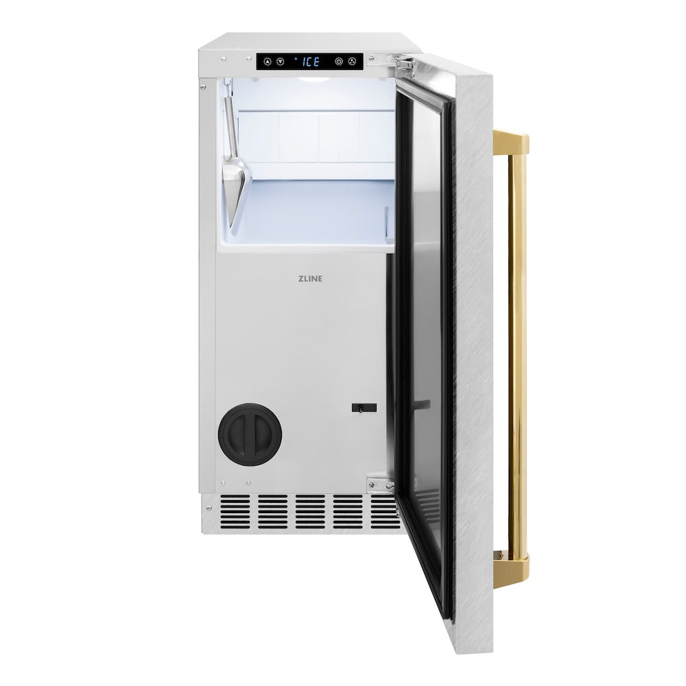 ZLINE Autograph Edition 15 in. Touchstone Gourmet Ice Maker with Drain Pump and Satin Stainless Steel Door with Polished Gold Handle (IGMDZ-SN-15-G) front, open.