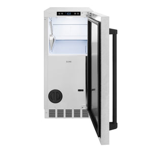 ZLINE Autograph Edition 15 in. Touchstone Gourmet Ice Maker with Drain Pump and Satin Stainless Steel Door with Matte Black Handle (IGMDZ-SN-15-MB) front, open.