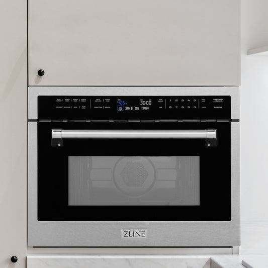ZLINE 24 in. 1.6 cu ft. Built-in Convection Microwave Oven in Satin Stainless Steel with Speed and Sensor Cooking (MWO-24-SS) in a luxury kitchen.