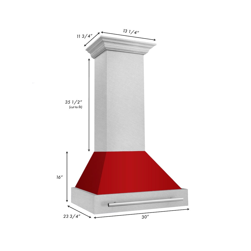 ZLINE 30 in. Satin Stainless Steel Wall Mount Range Hood with Red Gloss Shell and Stainless Steel Handle (8654SNX-RG-30) dimensional diagram.