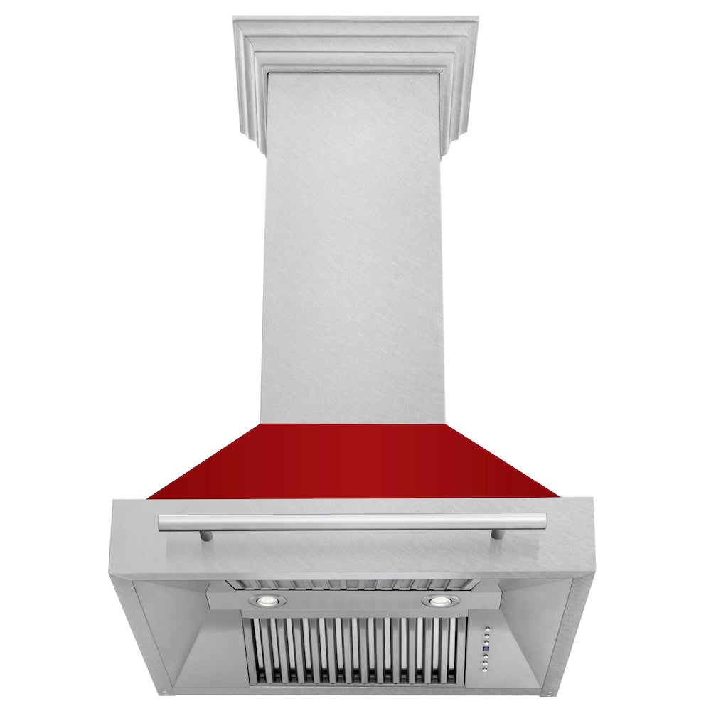 ZLINE 30 in. Satin Stainless Steel Wall Mount Range Hood with Red Gloss Shell and Stainless Steel Handle (8654SNX-RG-30) front, under.