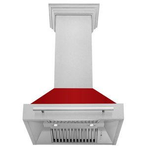 ZLINE 30 in. Satin Stainless Steel Wall Mount Range Hood with Red Gloss Shell and Stainless Steel Handle (8654SNX-RG-30) front, under.