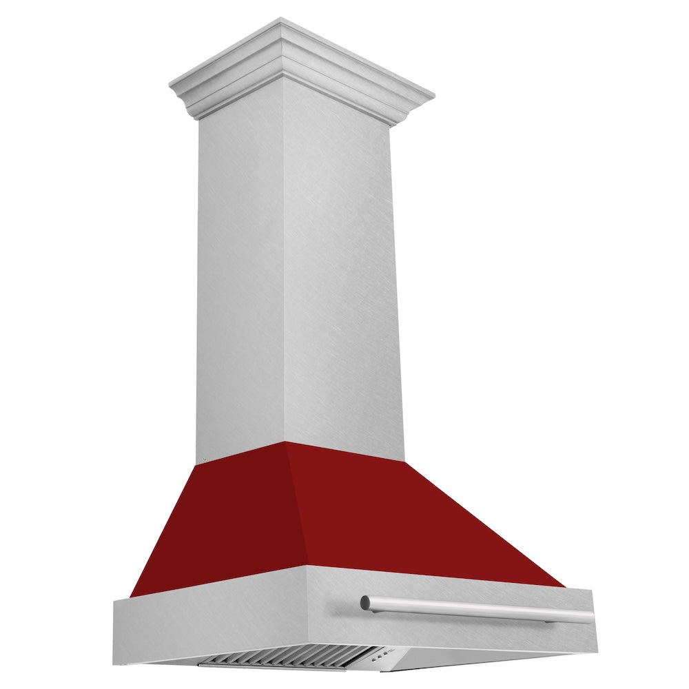 ZLINE 30 in. Satin Stainless Steel Wall Mount Range Hood with Red Gloss Shell and Stainless Steel Handle (8654SNX-RG-30)