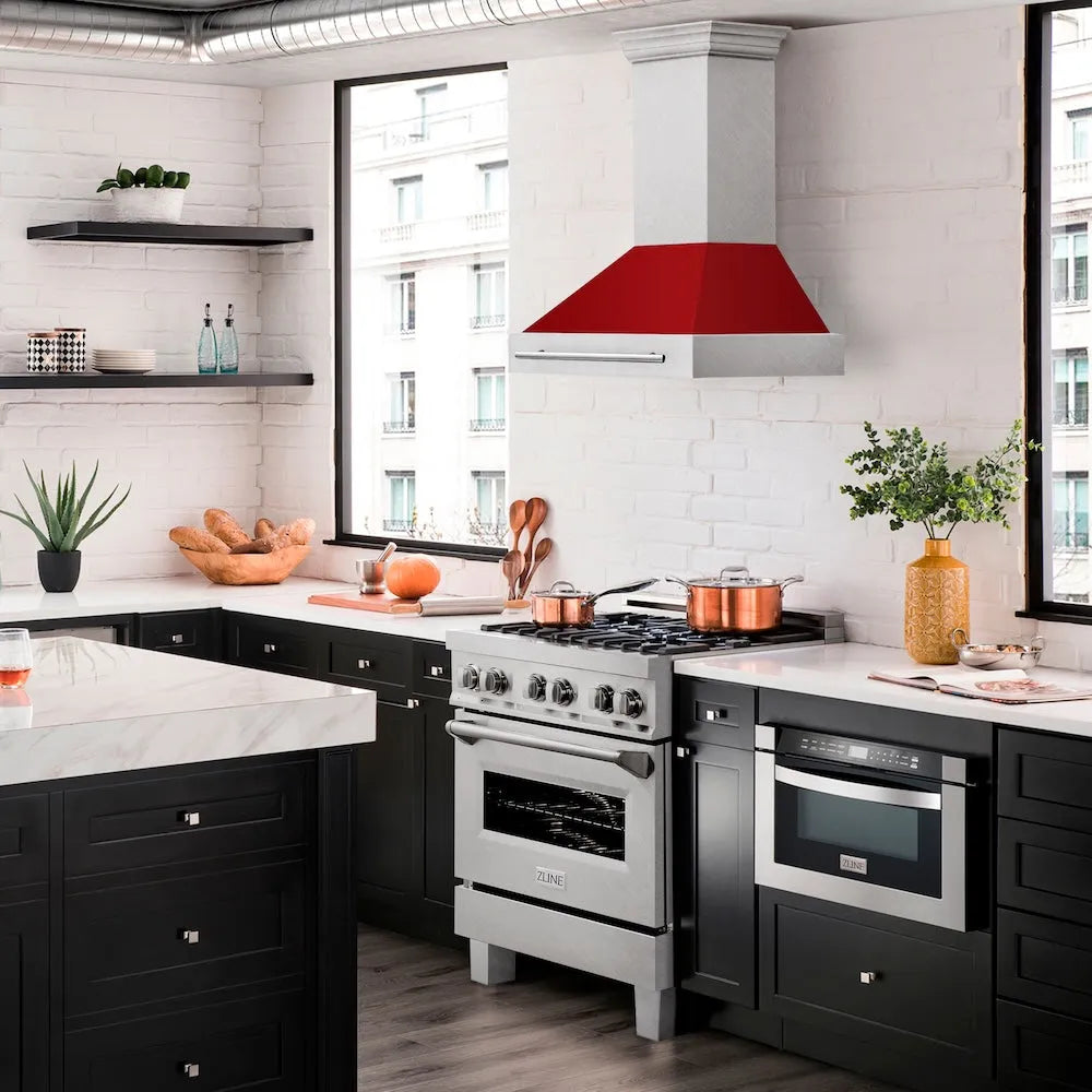 ZLINE 30 in. Satin Stainless Steel Wall Mount Range Hood with Red Gloss Shell and Stainless Steel Handle (8654SNX-RG-30) in a luxury kitchen.