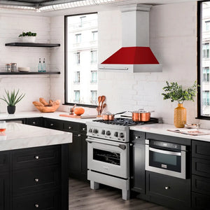 ZLINE 30 in. Satin Stainless Steel Wall Mount Range Hood with Red Gloss Shell and Stainless Steel Handle (8654SNX-RG-30) in a luxury kitchen.
