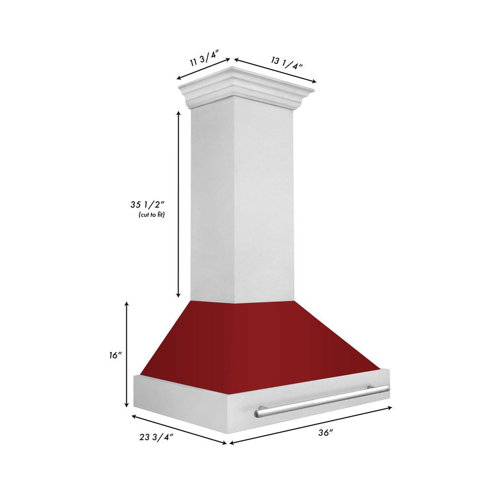 ZLINE 36 in. Satin Stainless Steel Wall Mount Range Hood with Red Gloss Shell and Stainless Steel Handle (8654SNX-RG-36) dimensional diagram.