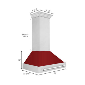ZLINE 36 in. Satin Stainless Steel Wall Mount Range Hood with Red Gloss Shell and Stainless Steel Handle (8654SNX-RG-36) dimensional diagram.