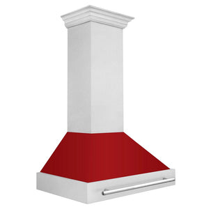 ZLINE 36 in. Satin Stainless Steel Wall Mount Range Hood with Red Gloss Shell and Stainless Steel Handle (8654SNX-RG-36) side.