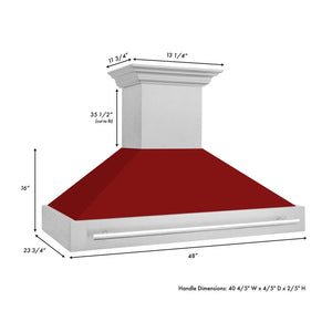 ZLINE 48 in. Satin Stainless Steel Wall Mount Range Hood with Red Gloss Shell and Stainless Steel Handle (8654SNX-RG-48) dimensional diagram.