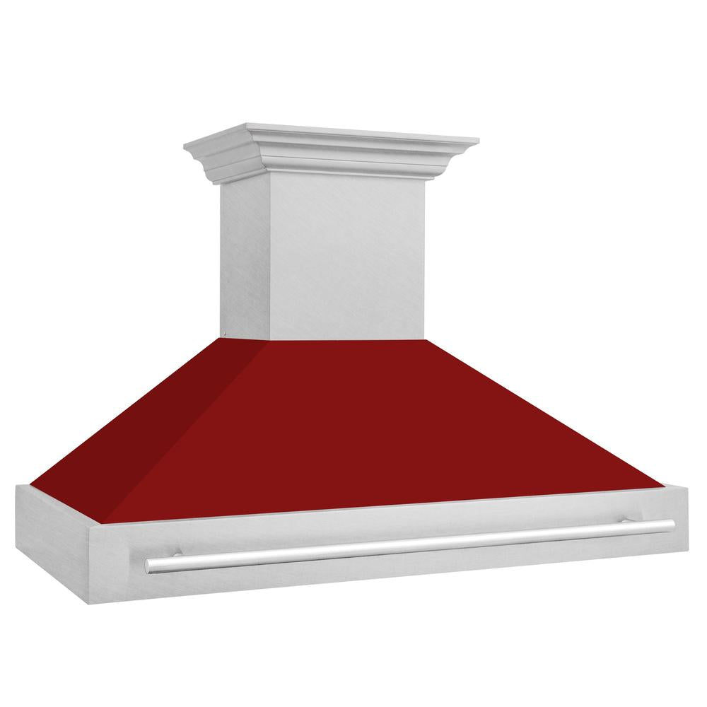 ZLINE 48 in. Satin Stainless Steel Wall Mount Range Hood with Red Gloss Shell and Stainless Steel Handle (8654SNX-RG-48) side.