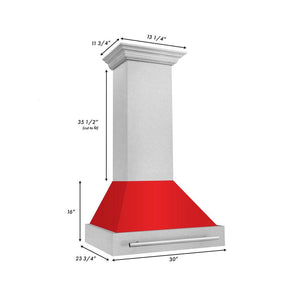 ZLINE 30 in. Satin Stainless Steel Wall Mount Range Hood with Red Matte Shell and Stainless Steel Handle (8654SNX-RM-30) dimensional diagram.