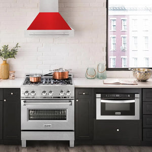 Modern kitchen with stainless steel range and ZLINE 30 in. Satin Stainless Steel Wall Mount Range Hood with Red Matte Shell and Stainless Steel Handle (8654SNX-RM-30)