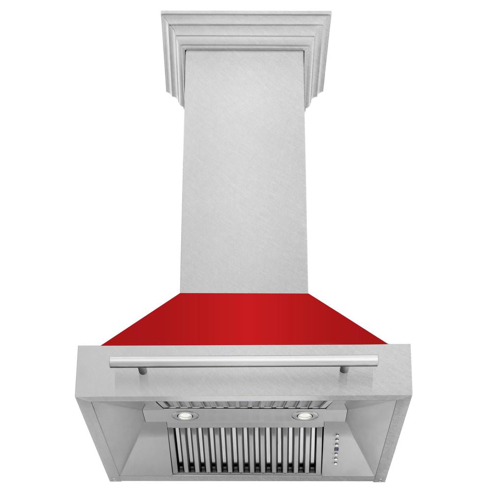 ZLINE 30 in. Satin Stainless Steel Wall Mount Range Hood with Red Matte Shell and Stainless Steel Handle (8654SNX-RM-30) front, under.