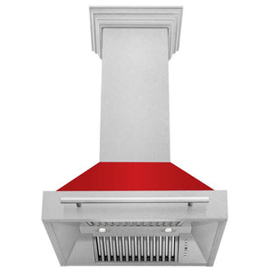 ZLINE 30 in. Satin Stainless Steel Wall Mount Range Hood with Red Matte Shell and Stainless Steel Handle (8654SNX-RM-30) front, under.