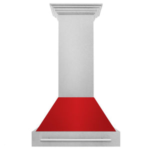 ZLINE 30 in. Satin Stainless Steel Wall Mount Range Hood with Red Matte Shell and Stainless Steel Handle (8654SNX-RM-30) front.