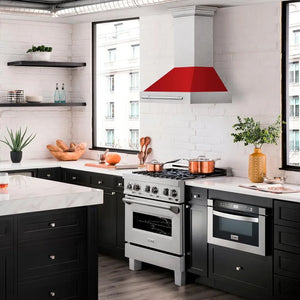 ZLINE 30 in. Satin Stainless Steel Wall Mount Range Hood with Red Matte Shell and Stainless Steel Handle (8654SNX-RM-30) in a luxury kitchen.