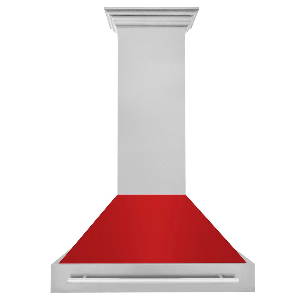 ZLINE 36 in. Satin Stainless Steel Wall Mount Range Hood with Red Matte Shell and Stainless Steel Handle (8654SNX-RM-36) front.