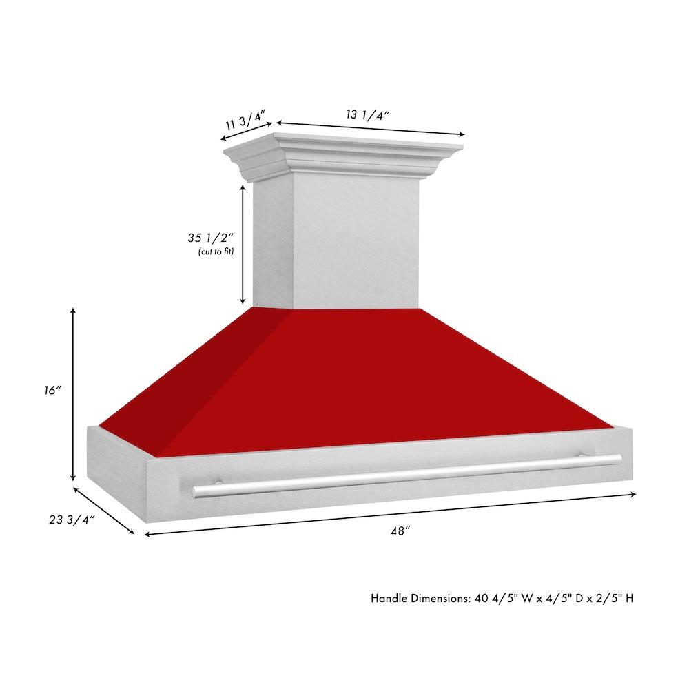 ZLINE 48 in. Satin Stainless Steel Wall Mount Range Hood with Red Matte Shell and Stainless Steel Handle (8654SNX-RM-48) dimensional diagram.