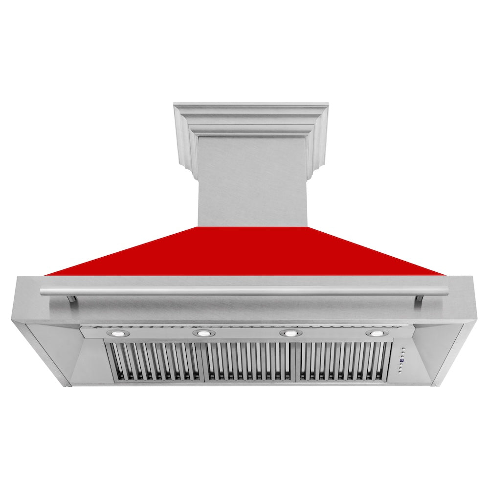 ZLINE 48 in. Satin Stainless Steel Wall Mount Range Hood with Red Matte Shell and Stainless Steel Handle (8654SNX-RM-48) front, under.