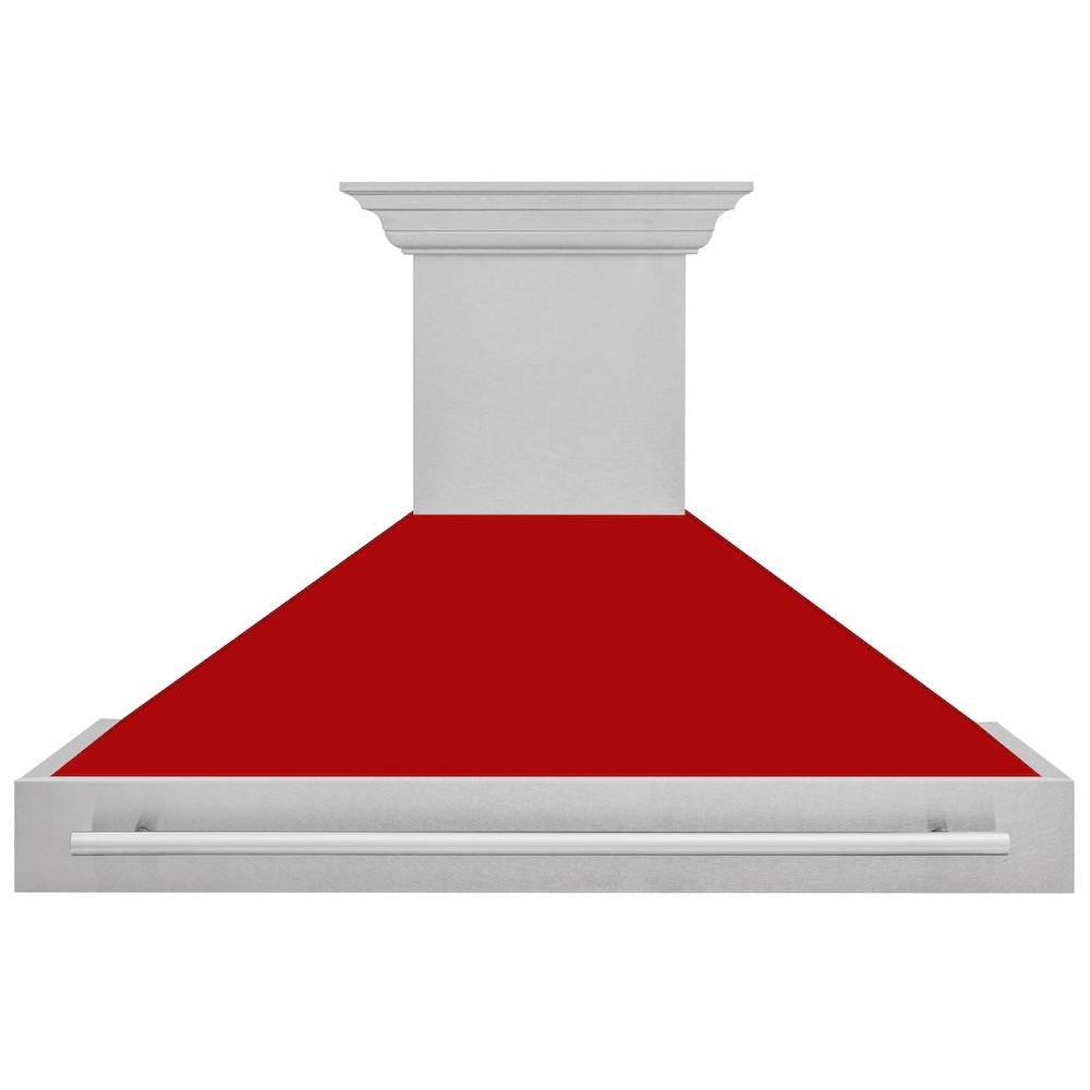 ZLINE 48 in. Satin Stainless Steel Wall Mount Range Hood with Red Matte Shell and Stainless Steel Handle (8654SNX-RM-48) front.