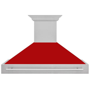 ZLINE 48 in. Satin Stainless Steel Wall Mount Range Hood with Red Matte Shell and Stainless Steel Handle (8654SNX-RM-48) front.