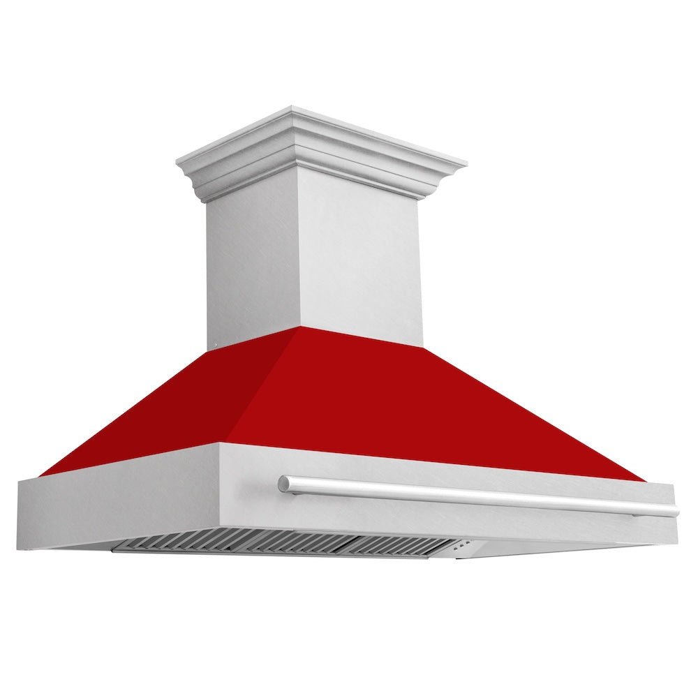 ZLINE 48 in. Satin Stainless Steel Wall Mount Range Hood with Red Matte Shell and Stainless Steel Handle (8654SNX-RM-48)