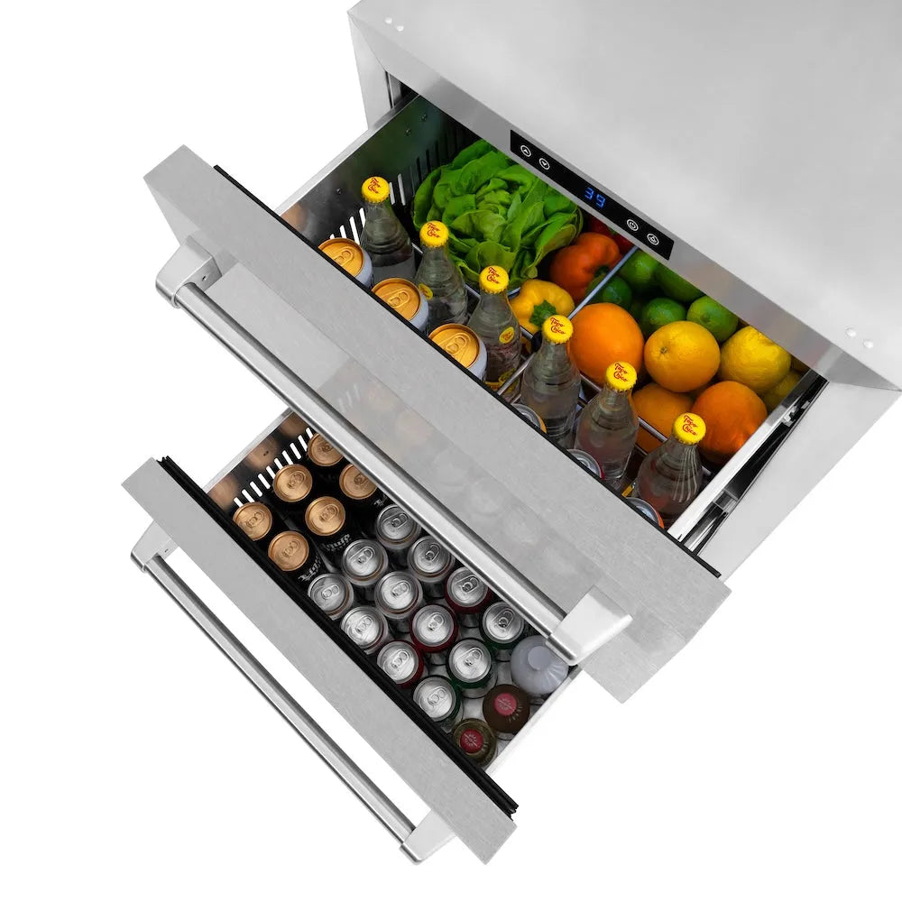 Open ZLINE 24 in. Touchstone 168 Can Outdoor-Rated Dual Refrigerator Drawer with Satin Stainless Steel Doors (RDSO-SN-24) with drinks and fruits on a white background