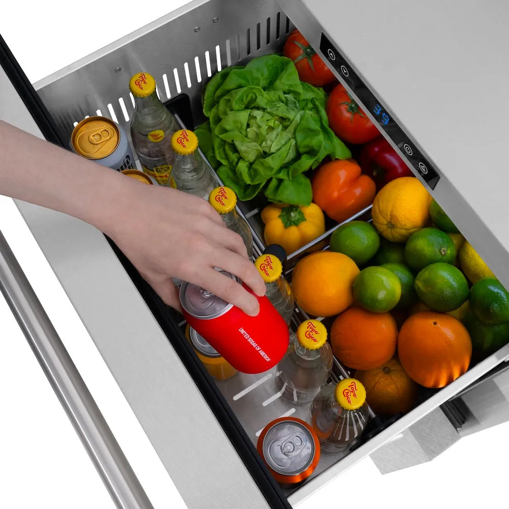 Open ZLINE 24 in. Touchstone 168 Can Outdoor-Rated Dual Refrigerator Drawer with Satin Stainless Steel Doors (RDSO-SN-24) with fresh produce and drinks inside