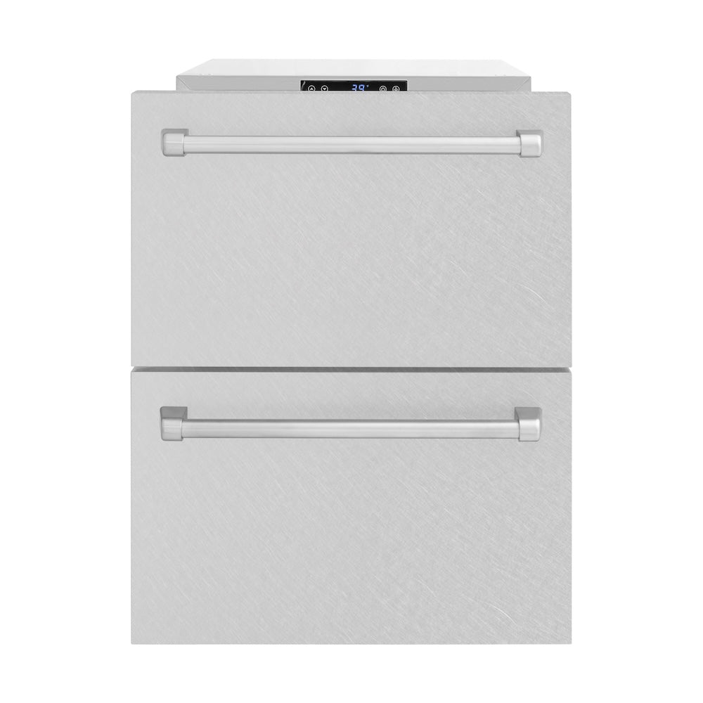 ZLINE 24 in. Touchstone 168 Can Outdoor-Rated Dual Refrigerator Drawer with Satin Stainless Steel Doors (RDSO-SN-24) front, refrigeration compartment open.