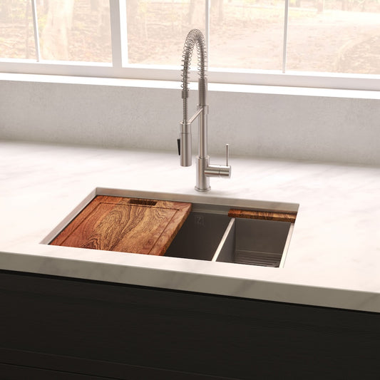 ZLINE 27 in. Garmisch Undermount Single Bowl Satin Stainless Steel Kitchen Sink with Bottom Grid and Accessories (SLS-27S) in a luxury kitchen.