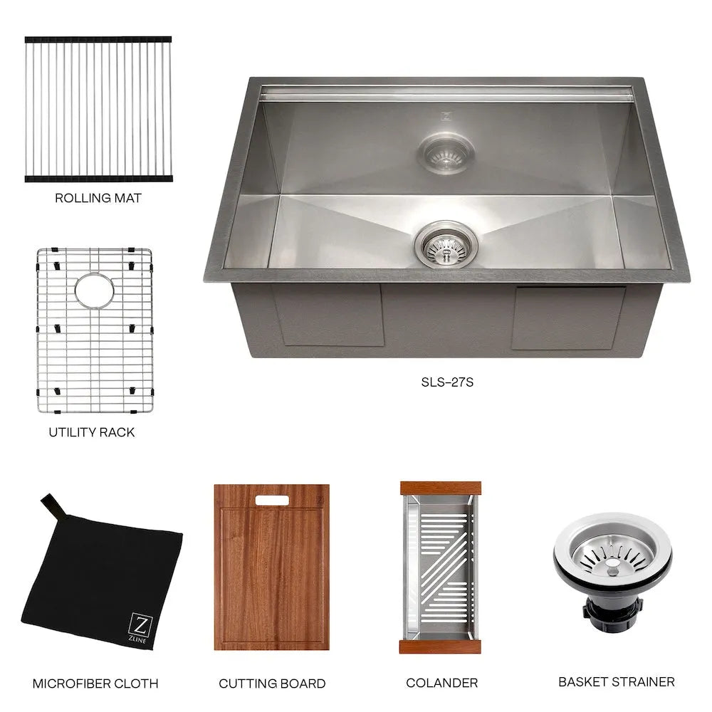 ZLINE 27 in. Garmisch Undermount Single Bowl Satin Stainless Steel Kitchen Sink with Bottom Grid and Accessories (SLS-27S) with included accessories.