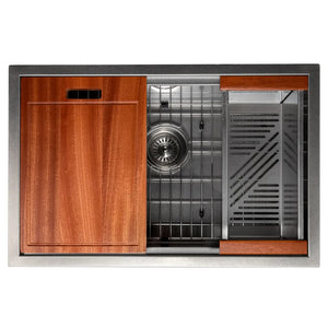ZLINE 27 in. Garmisch Undermount Single Bowl Satin Stainless Steel Kitchen Sink with Bottom Grid and Accessories (SLS-27S) with included accessories.