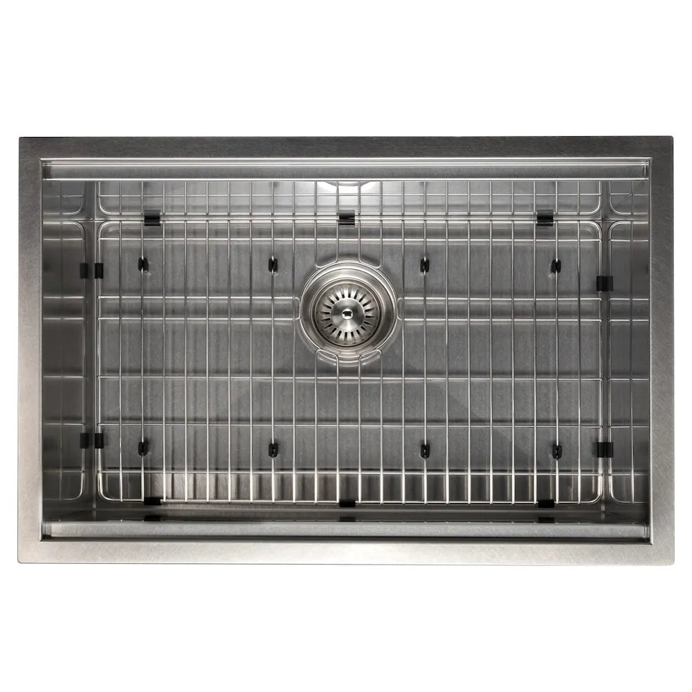 ZLINE 27 in. Garmisch Undermount Single Bowl Satin Stainless Steel Kitchen Sink with Bottom Grid and Accessories (SLS-27S) top-down, with bottom grid.