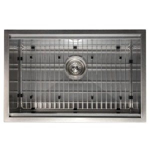 ZLINE 27 in. Garmisch Undermount Single Bowl Satin Stainless Steel Kitchen Sink with Bottom Grid and Accessories (SLS-27S) top-down, with bottom grid.
