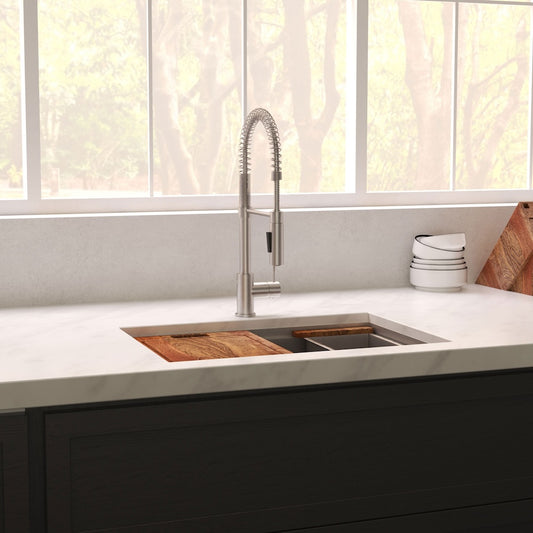ZLINE 30 in. Garmisch Undermount Single Bowl Satin Stainless Steel Kitchen Sink with Bottom Grid and Accessories (SLS-30S) in a luxury kitchen.