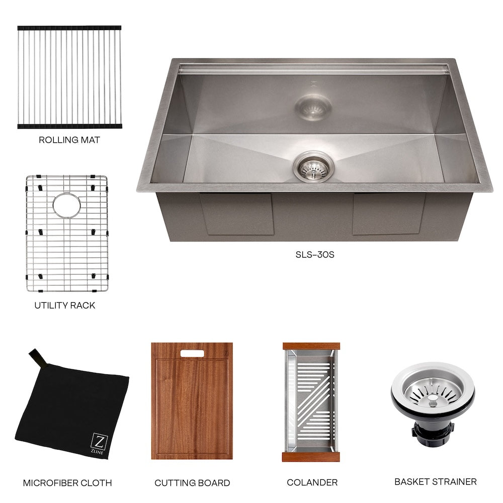 ZLINE 33 in. Garmisch Undermount Single Bowl Satin Stainless Steel Kitchen Sink with Bottom Grid and Accessories (SLS-33S)