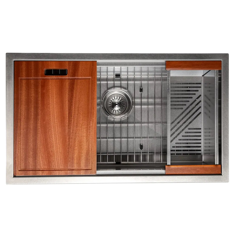 ZLINE 33 in. Garmisch Undermount Single Bowl Satin Stainless Steel Kitchen Sink with Bottom Grid and Accessories (SLS-33S) with included accessories.