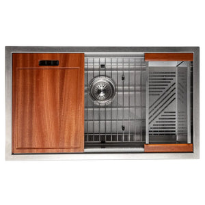 ZLINE 33 in. Garmisch Undermount Single Bowl Satin Stainless Steel Kitchen Sink with Bottom Grid and Accessories (SLS-33S) with included accessories.