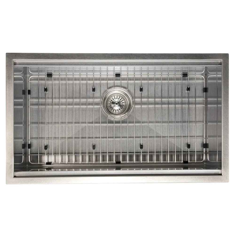 ZLINE 33 in. Garmisch Undermount Single Bowl Satin Stainless Steel Kitchen Sink with Bottom Grid and Accessories (SLS-33S) top-down, with bottom grid.