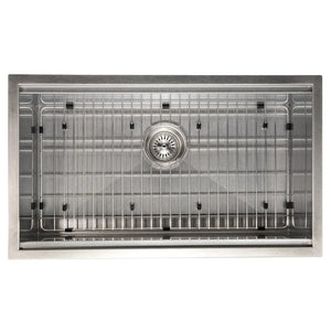 ZLINE 33 in. Garmisch Undermount Single Bowl Satin Stainless Steel Kitchen Sink with Bottom Grid and Accessories (SLS-33S) top-down, with bottom grid.