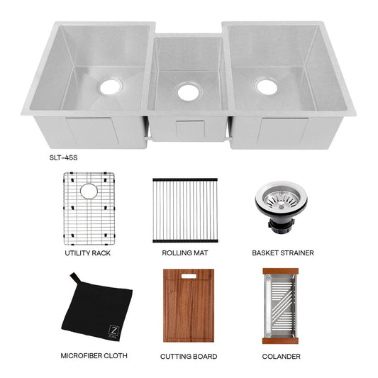 ZLINE 45 in. Breckenridge Undermount Triple Bowl Satin Stainless Steel Kitchen Sink with Bottom Grid (SLT-45S) with included accessories.