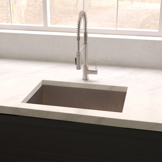 ZLINE 23 in. Meribel Undermount Single Bowl Satin Stainless Steel Kitchen Sink with Bottom Grid (SRS-23S) in a luxury kitchen.