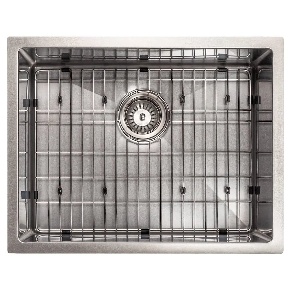 ZLINE 23 in. Meribel Undermount Single Bowl Satin Stainless Steel Kitchen Sink with Bottom Grid (SRS-23S) top-down, with bottom grid.