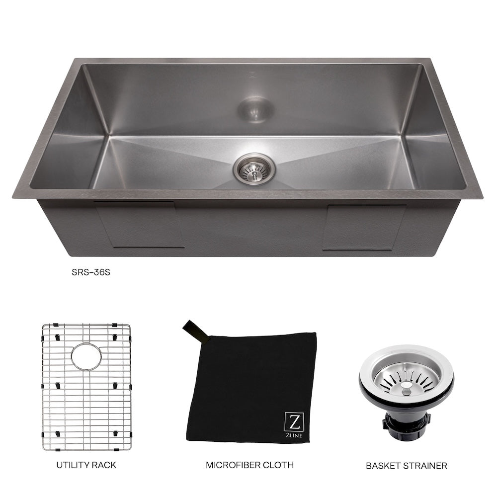 ZLINE 36 in. Meribel Undermount Single Bowl Satin Stainless Steel Kitchen Sink with Bottom Grid (SRS-36S)