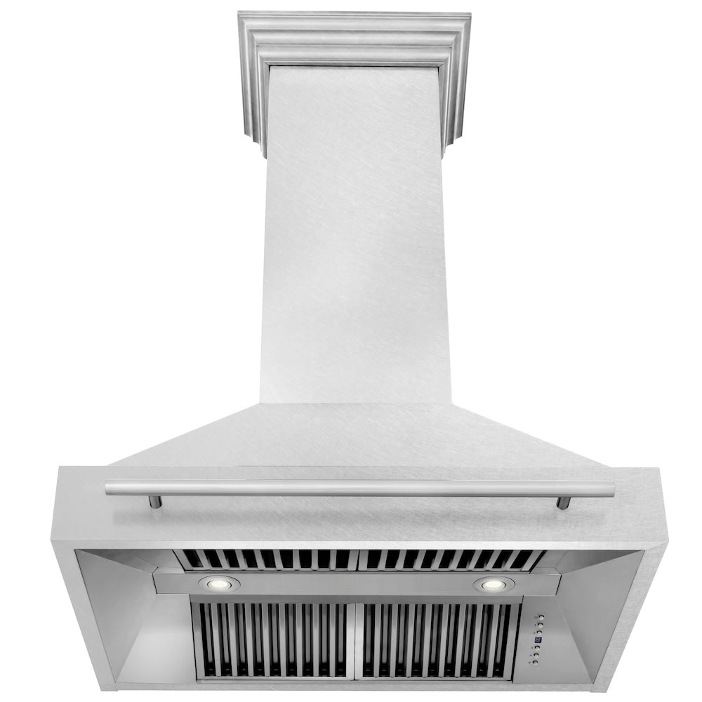 ZLINE 36 in. Satin Stainless Steel Wall Mount Range Hood with Stainless Steel Handle (8654SNX-36) front, under.